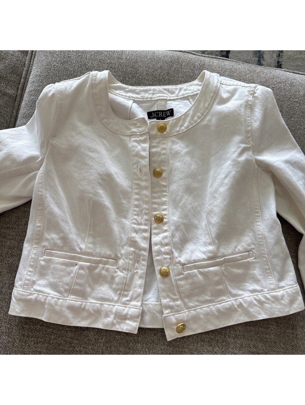 J.Crew Re-Imagined Size 4 White Cropped Denim Jacket Gold Crest Buttons